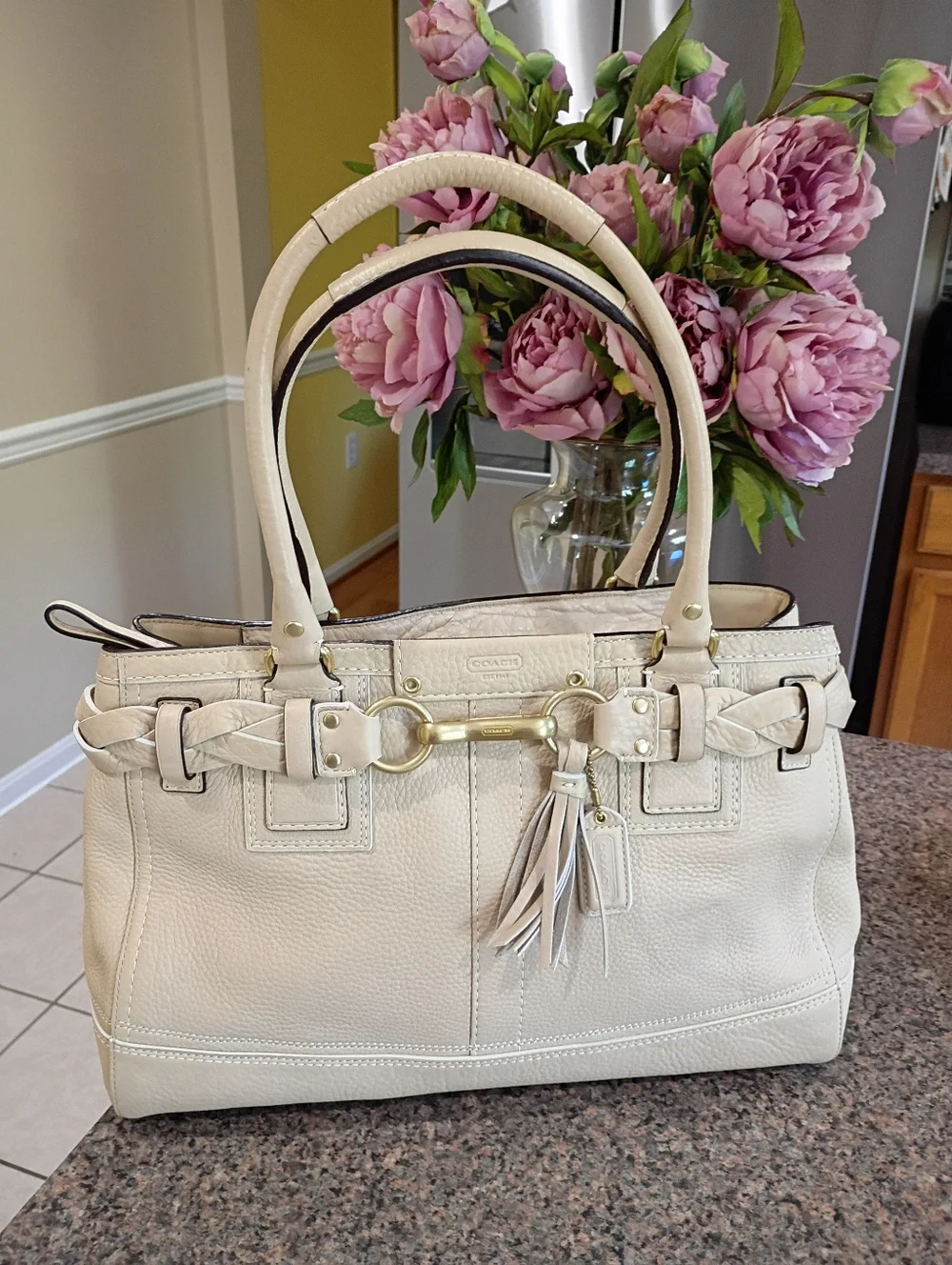 Coach Hamton Briaded Pebbled Leather Satchel Bag in Chalk